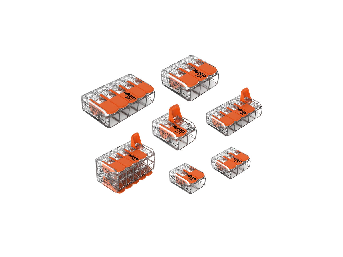 WAGO 221 Series LEVER-NUTS splicing connectors with orange levers