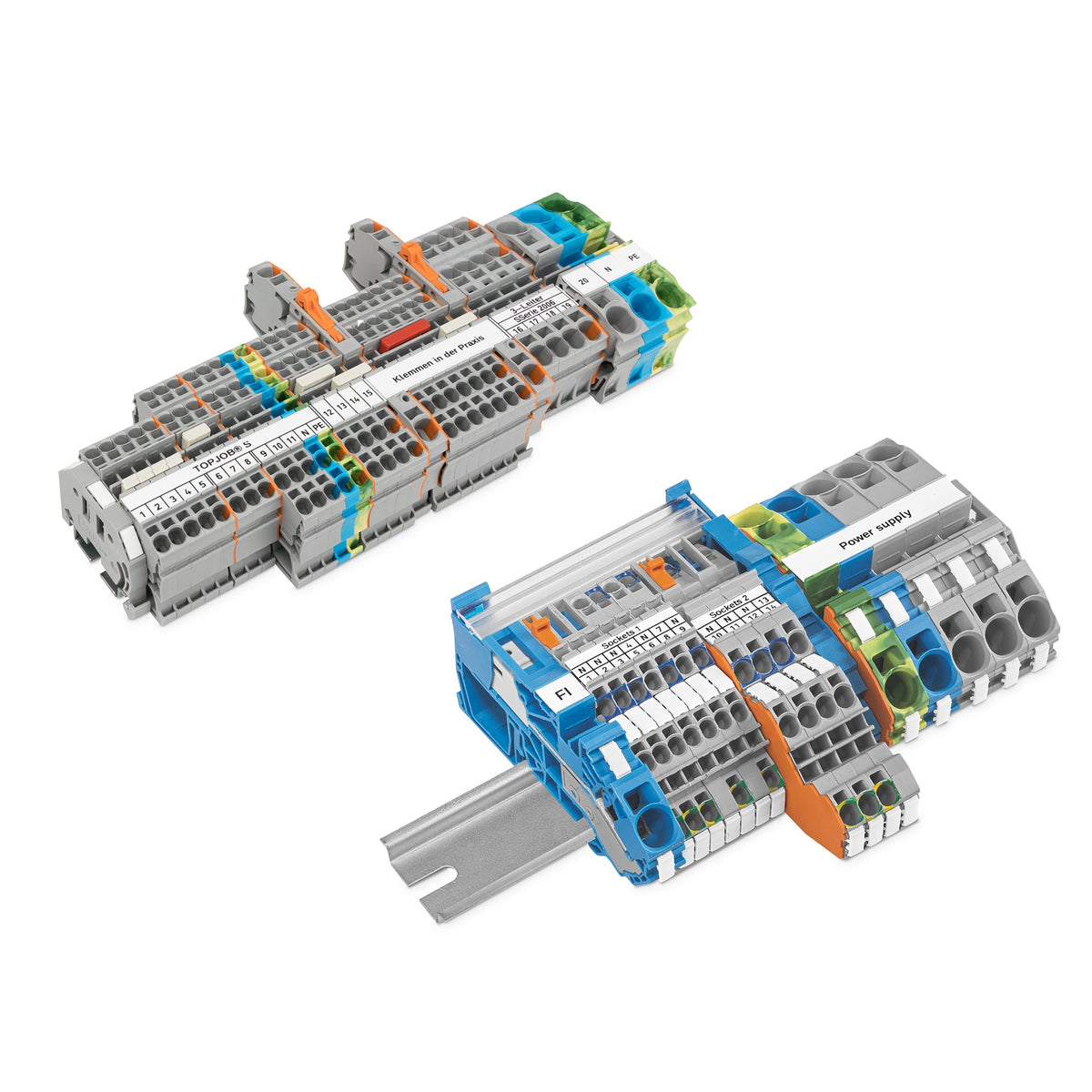 WAGO TOPJOB S push-in rail-mount terminal blocks on a DIN rail