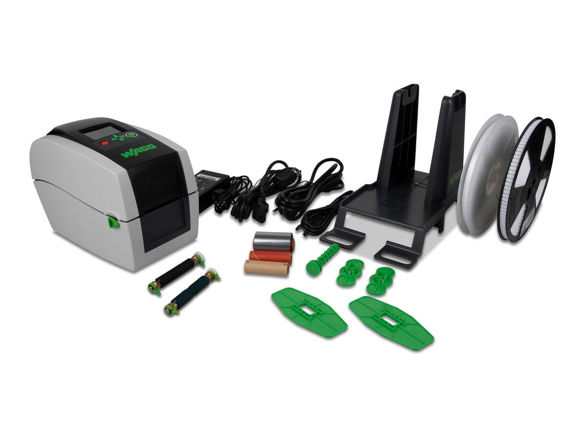 WAGO Smart Printer 258-5107 starter kit with rollers, ink ribbons, unwinder, and marking material
